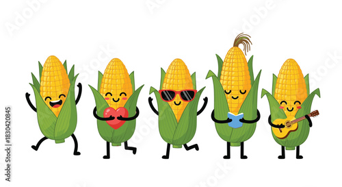 Five happy cartoon corn characters with green husks doing various fun activities like dancing, reading, and playing guitar.