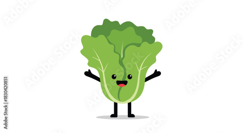 A cheerful and cute cartoon lettuce character with a friendly smile, outstretched arms, and legs stands against a clean white background.