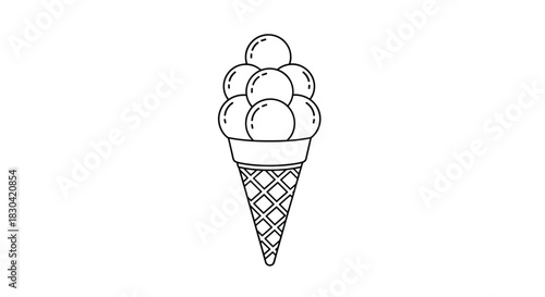 A simple line art illustration of a delicious ice cream cone with many scoops, featuring a classic waffle pattern and clean outlines.