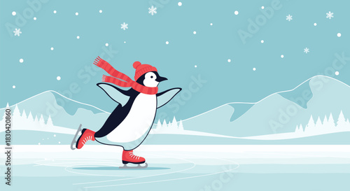 A delightful cartoon penguin, dressed in a red hat and scarf, happily ice skates on a serene frozen lake in a picturesque winter wonderland.