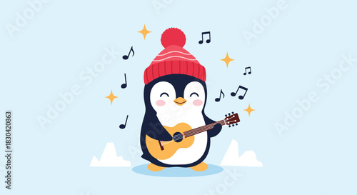 A cute cartoon penguin wearing a red knitted hat happily plays a guitar, surrounded by musical notes and sparkling stars, on an icy landscape.