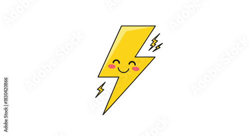 A smiling, cute cartoon yellow lightning bolt character with rosy cheeks, radiating energy against a clean white background.