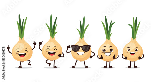 Five cheerful cartoon onions with expressive faces and poses, including one wearing cool sunglasses, against a clean white background.