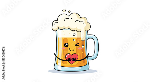 An adorable cartoon beer mug with a winking face and rosy cheeks, holding a vibrant red heart, filled with frothy golden beer.