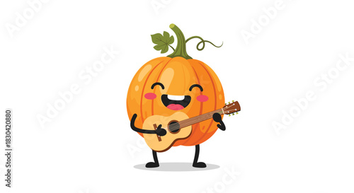 A cheerful, animated orange pumpkin character with a stem and leaf, happily playing a small acoustic guitar, perfect for fall and festive themes.