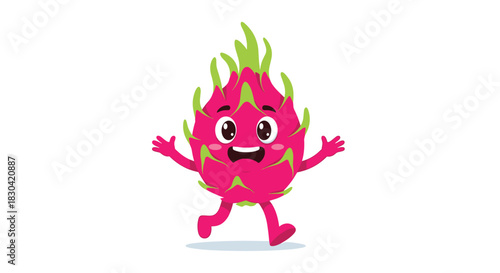 A cheerful and energetic cartoon dragon fruit character with a big smile and outstretched arms, joyfully running or jumping on a white background.