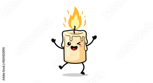 A cheerful cartoon candle with a flickering flame dances happily, winking and smiling brightly on a clean white background.