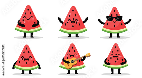Cute cartoon watermelon slices with various happy expressions and fun activities, including holding a heart, playing a ukulele, wearing sunglasses.