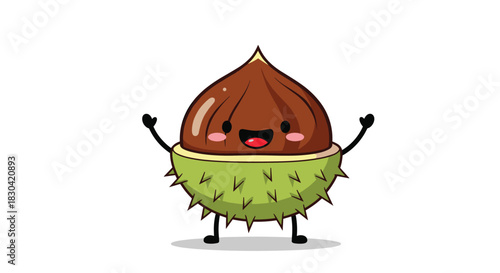 A cute and cheerful cartoon chestnut character with a happy smiling face, arms raised, peeking out of its spiky green husk, isolated on a white background.