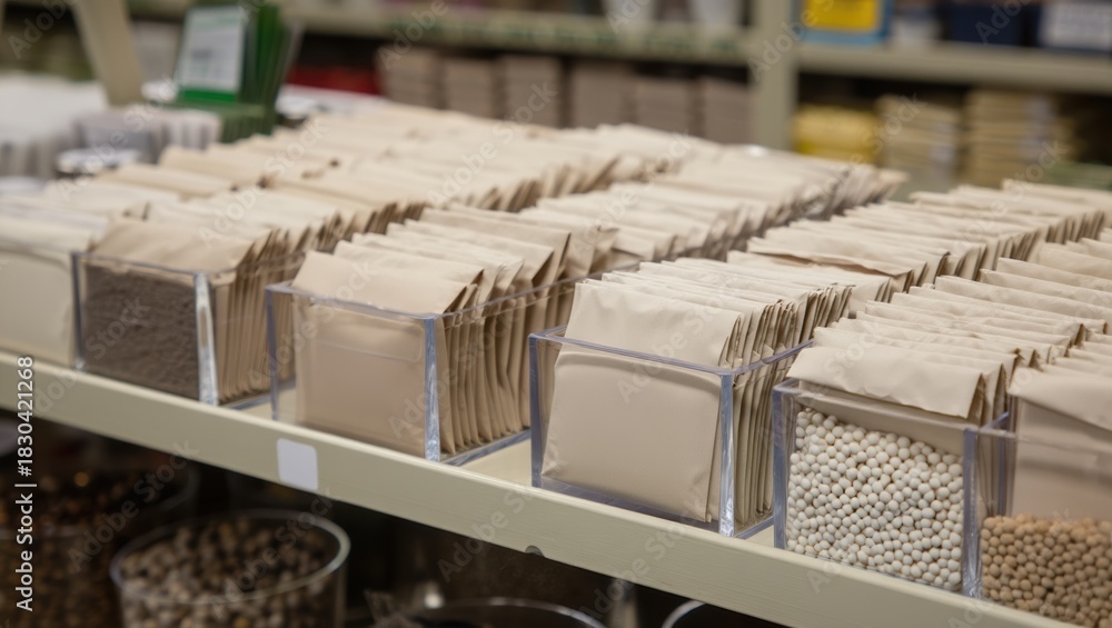 Fototapeta premium Organized seed storage display shows neatly packed packets for planting