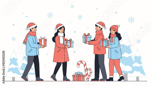Friends exchanging Christmas gifts during winter holiday season.