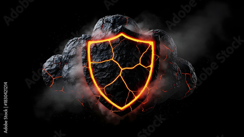 Abstract representation of digital security featuring a fiery shield emblem inside a smoldering volcanic cloud, a metaphor for powerful data encryption and network firewall protection