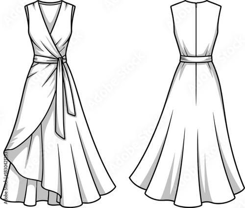 Elegant sleeveless wrap dress fashion flat illustration with flowing layered skirt, front and back technical sketch, detailed garment vector design