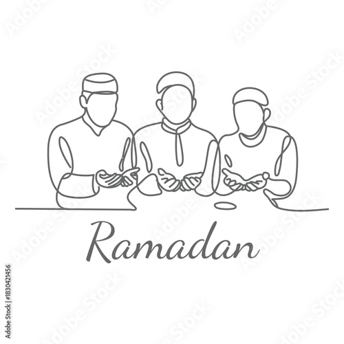 Continuous one line drawing of three Muslims prayer. Single line drawing illustration of Muslim person sitting and praying. One line Icon drawing.