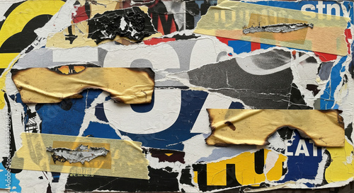 Grungy torn posters with masking tape and burn marks create an urban abstract background.