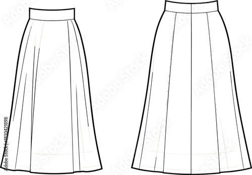 Elegant long pleated skirt technical fashion flat with waistband, flowing silhouette, detailed front and back CAD vector illustration