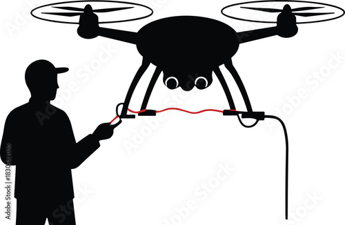 Drone operator silhouette, human controlling UAV, red wire connection, quadcopter testing scene, black graphic illustration, robotics, surveillance, aviation concept