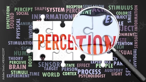 Perception under magnifying glass, being researched, studied and examined. Most important subjects and ideas closely related to perception written around a puzzle.Can be looped.
