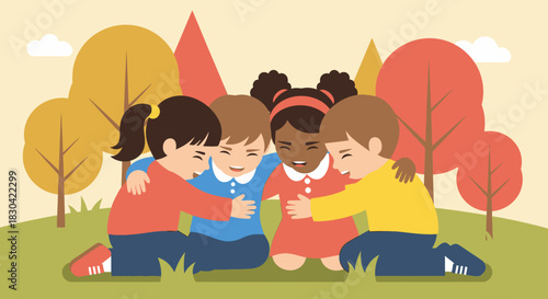 Four diverse children joyfully embrace in a warm group hug outdoors, symbolizing friendship, unity, and happy childhood moments in a vibrant autumn setting.