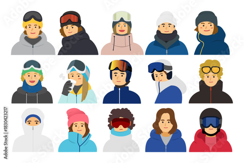 People enjoying winter sports. snowboarders and skiers. Wear winter clothes.Character Color Version.