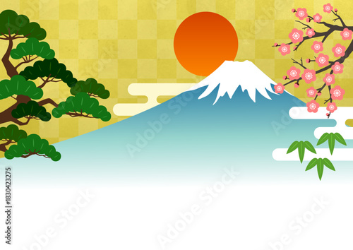 年賀状の背景　富士山と松竹梅
