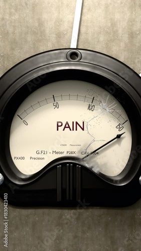Pain meter showing big levels of pain. Dangerously increasing values of pain, critical overload. Too much, off the charts. Max pain