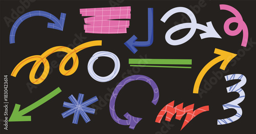 Abstract doodle arrows, circle, zigzag shape, colorful line pattern