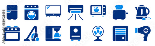 A clean and modern household appliances icon set featuring essential household items in simple flat style. Perfect for apps, websites, and smart-home interfaces with clear and consistent visuals.