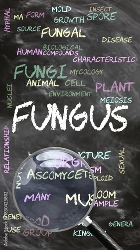 Fungus being studied, examined - under close inspection. Most important subjects and ideas closely related to fungus written on a blackboard inspected by a magnifying glass. Can be looped