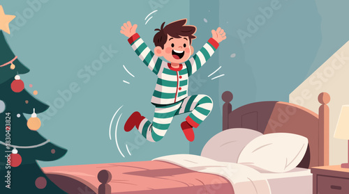 Excited boy jumping on bed in Christmas pajamas by tree  
