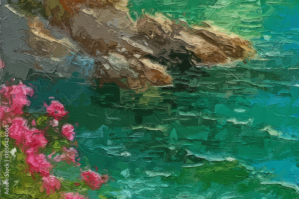 Fototapeta premium Various oil paintings, flowers, roses, peonies, ocean sailboats, flying swallows, Paisley