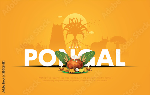 Vector illustration of Happy Pongal Holiday Harvest Festival of Tamil Nadu South India greeting vector background.