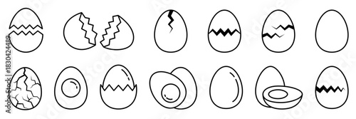 Egg icon set. Broken eggs icons. Cracked eggshell symbols isolated on white background. Happy Easter Day. Fried or boiled half and slices chicken eggs. Allergen free icon label. Vector Illustration.