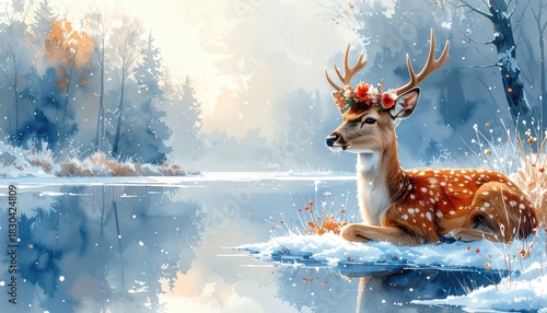 A beautiful deer with a floral crown rests by a calm winter lake amidst falling snowflakes Animal Nature
