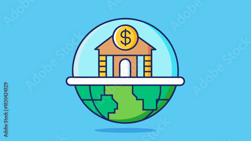 A stylized bank building over the Earth representing global finance
