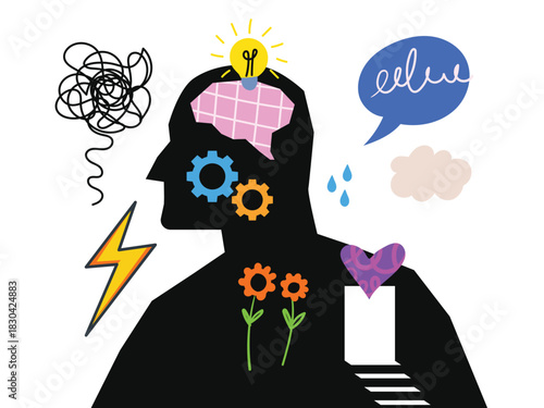 Silhouette of a head, surrounded by various graphic elements, thinking, creativity, mental health