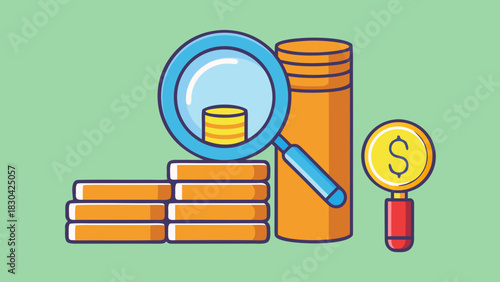 Magnifying Glass Examining Stacks of Coins and Currency