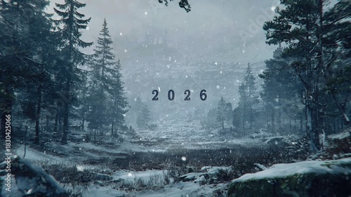 snowy plateau, pine forests in the background, snow falling, large inscription in the middle: 