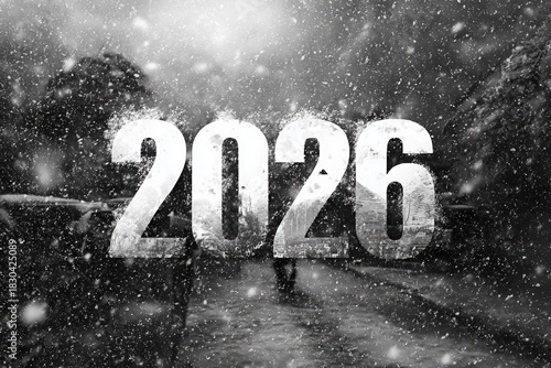 Snowy 2026 Text Covered in White Frost With Winter Atmosphere