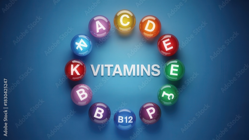 Naklejka premium Colorful spheres labeled with various vitamin designations arranged in a circle around central text on a deep blue background.