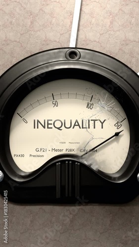 Inequality meter showing big levels of inequality. Dangerously increasing values of inequality, critical overload. Too much, off the charts. Max inequality
