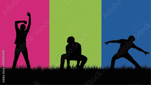 Silhouette Exercising Active People in Motion on Colorful Panels Illustration, Yoga, Fitness, and Healthy Lifestyle Concepts