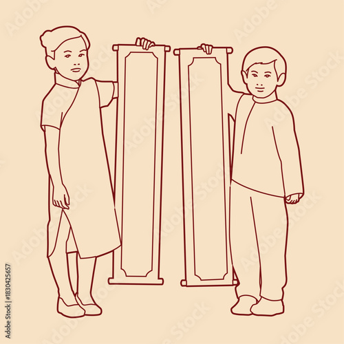  asian children with couplets celebrating asian new year  asian children with couplets celebrating asian new year