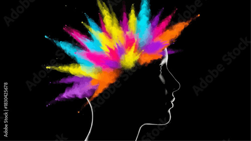 Mind Bloom Colorful Explosion of Ideas and Creativity – Abstract Thought Process with Vibrant Colors Emanating from a Silhouette of a Head