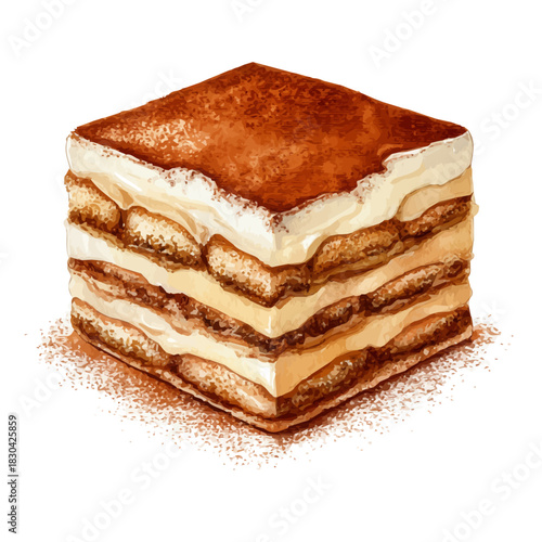Watercolor isometric vector-style illustration of Tiramisu, isolated on white background.