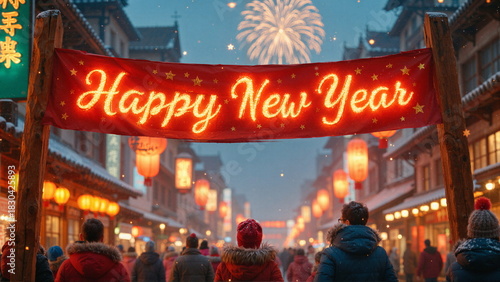 HAPPY NEW YEAR. Happy New Year inscription. Festive atmosphere. Happy people. Warmest wishes.