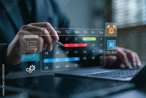 Businessman planning schedule using digital calendar interface with AI technology. Concept of smart scheduling, task automation, time management, project planning, and productivity tools.