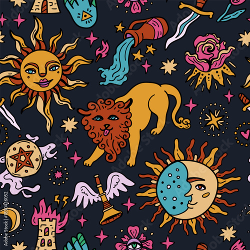 Tarot card seamless pattern. Bright background with tarot symbols. Fortune telling, magic. For Saints Day and Halloween. Sun, Moon. Sword, Heart, and Arrows. Magician