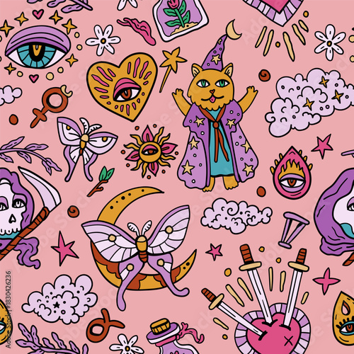 Tarot card seamless pattern. Bright background with tarot symbols. Fortune telling, magic. For Saints Day and Halloween. Sun, Moon. Sword, Heart, and Arrows. Magician