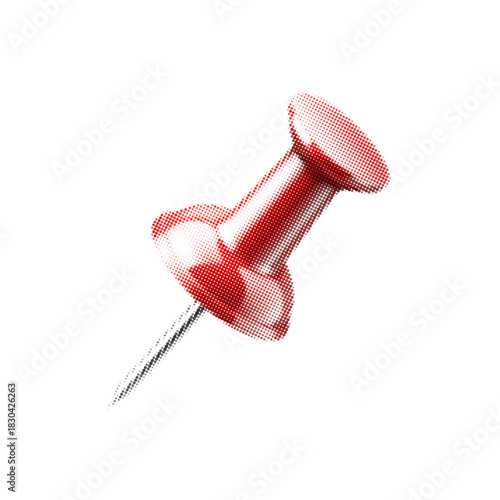 Halftone illustration of a red push pin with metallic needle isolated on white background.